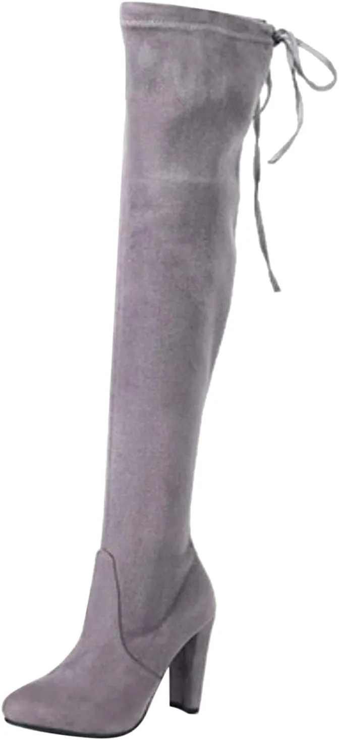 Womens Knee High Boots Thigh High Suede Block Boots Winter Dress Tall Boots Round Toe Zipper Long Boots