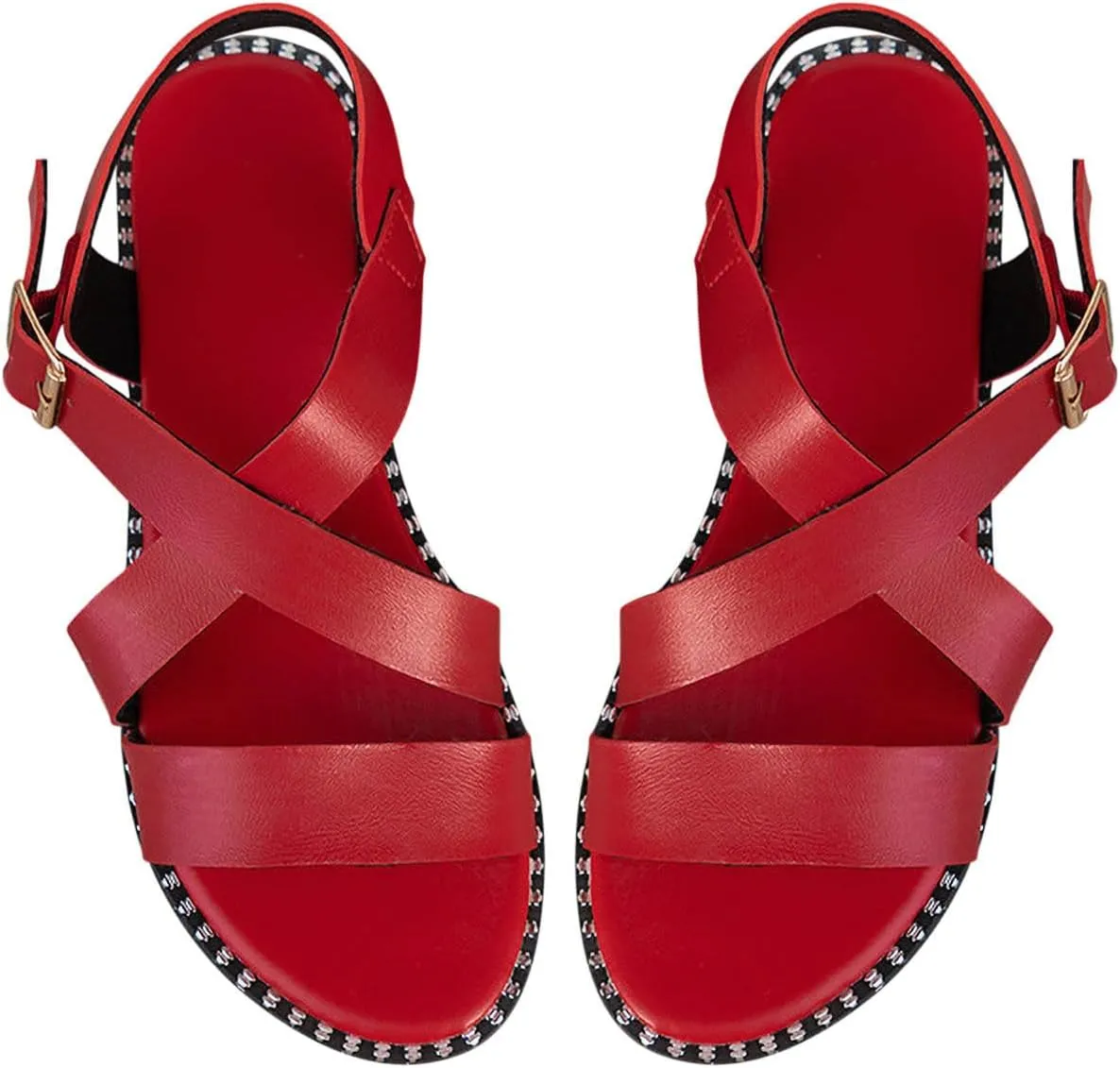 Women's Leather Strappy Solid Sandal Big Buckle Hook and Eye Flats Simple Trendy Stylish Shoe Summer Beach Sandals
