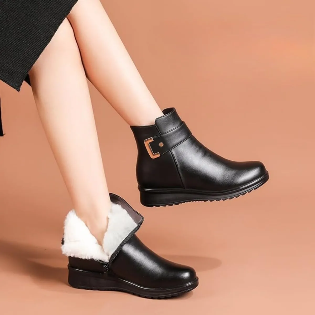 Women's Metal Buckle Genuine Leather Wool Orthopedic Boots Winter Warm Non-slip Side Zipper Leather Ankle Snow Boots