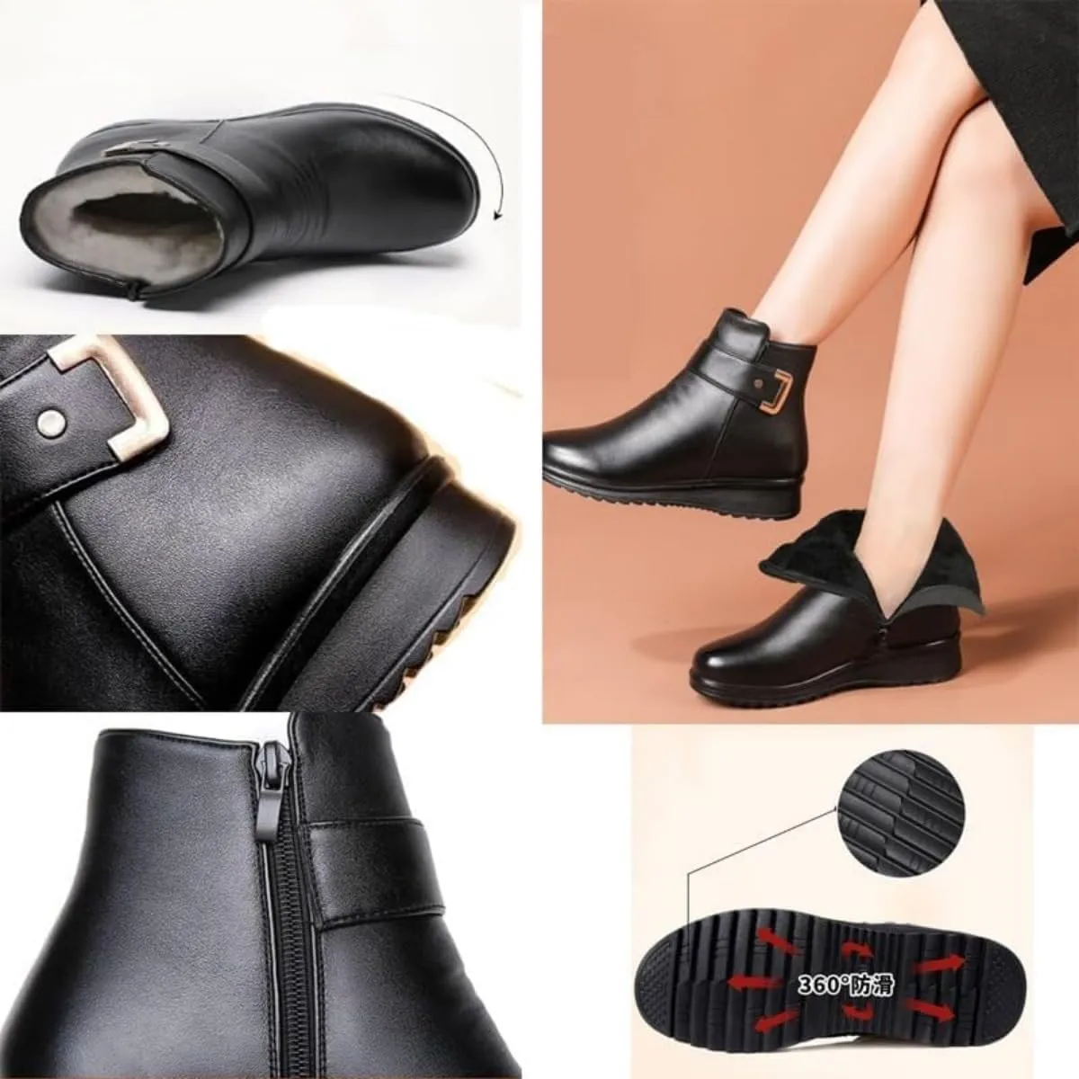 Women's Metal Buckle Genuine Leather Wool Orthopedic Boots Winter Warm Non-slip Side Zipper Leather Ankle Snow Boots