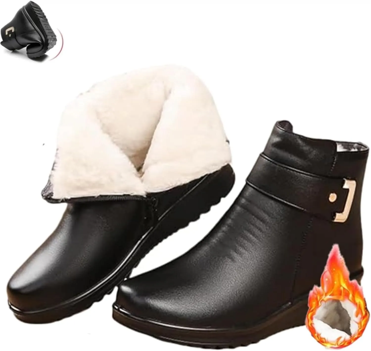Women's Metal Buckle Genuine Leather Wool Orthopedic Boots Winter Warm Non-slip Side Zipper Leather Ankle Snow Boots