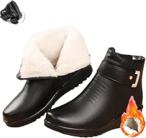Women's Metal Buckle Genuine Leather Wool Orthopedic Boots Winter Warm Non-slip Side Zipper Leather Ankle Snow Boots