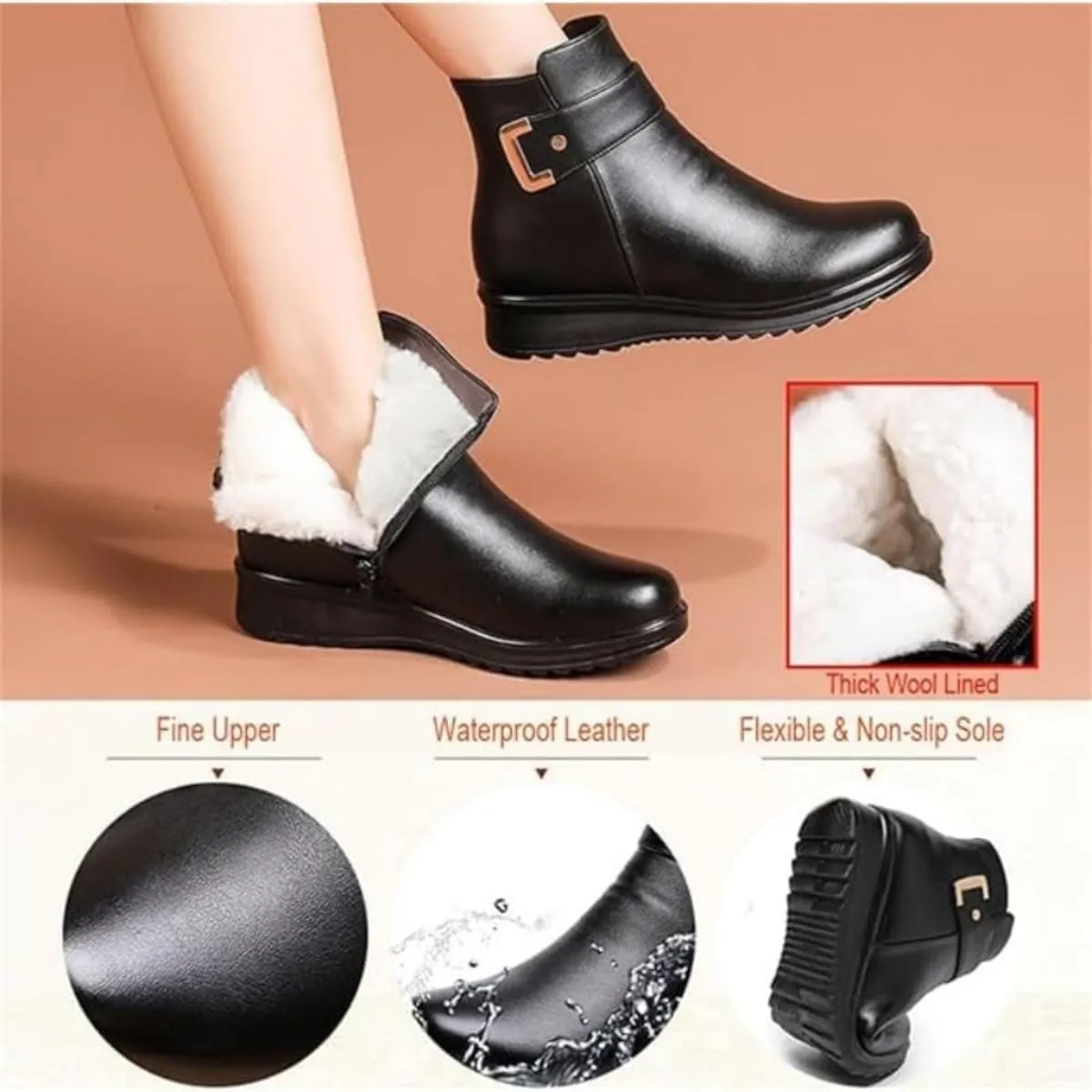 Women's Metal Buckle Genuine Leather Wool Orthopedic Boots Winter Warm Non-slip Side Zipper Leather Ankle Snow Boots
