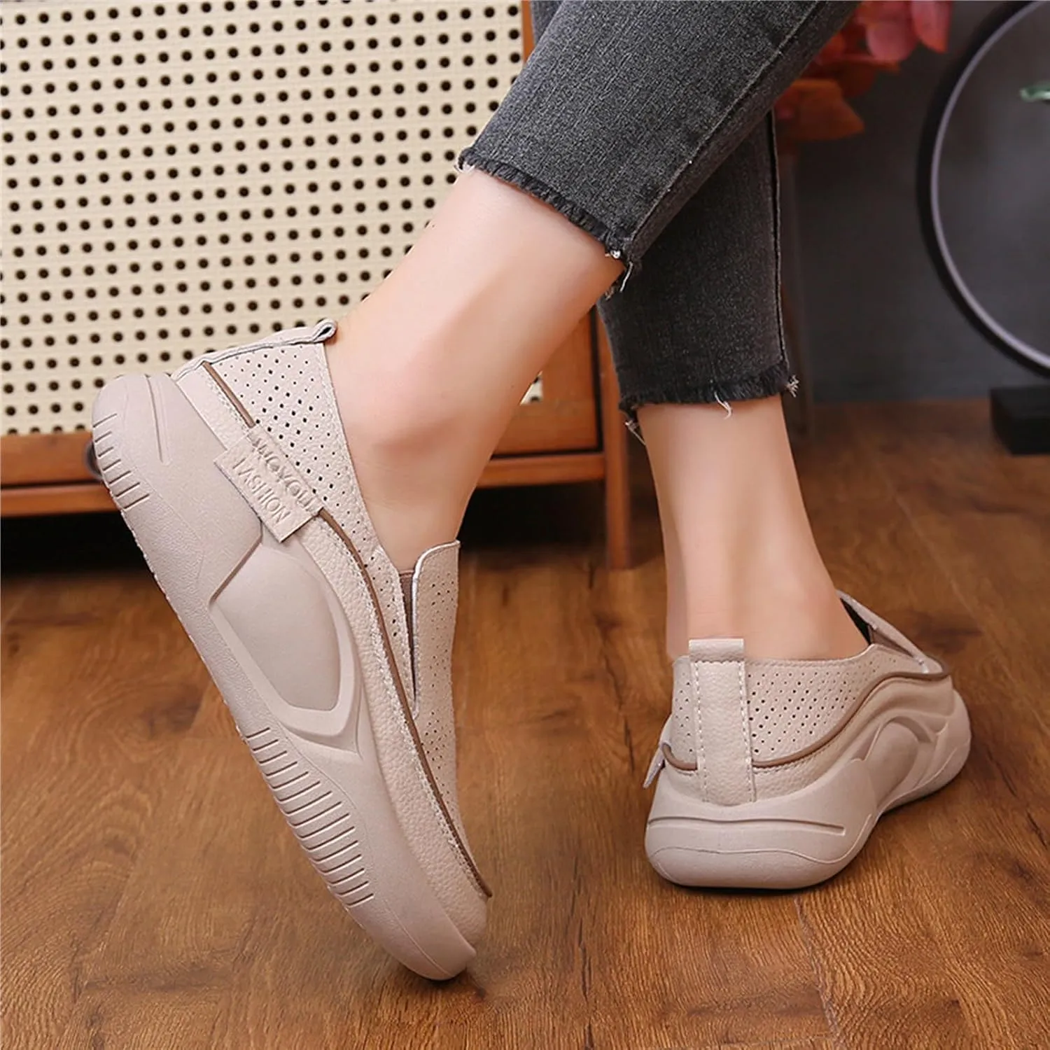 Women's Orthopedic Shoes,Soft-Soled Slip-On Mesh Loafers,Soft Comfortable Breathable Work Single Thick Soled Sandals Khaki, 35