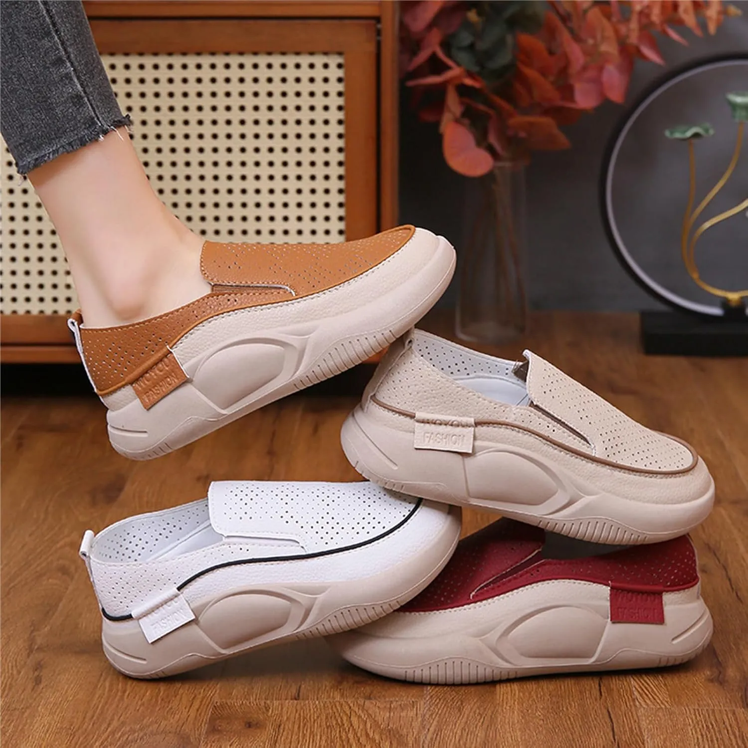 Women's Orthopedic Shoes,Soft-Soled Slip-On Mesh Loafers,Soft Comfortable Breathable Work Single Thick Soled Sandals Khaki, 35