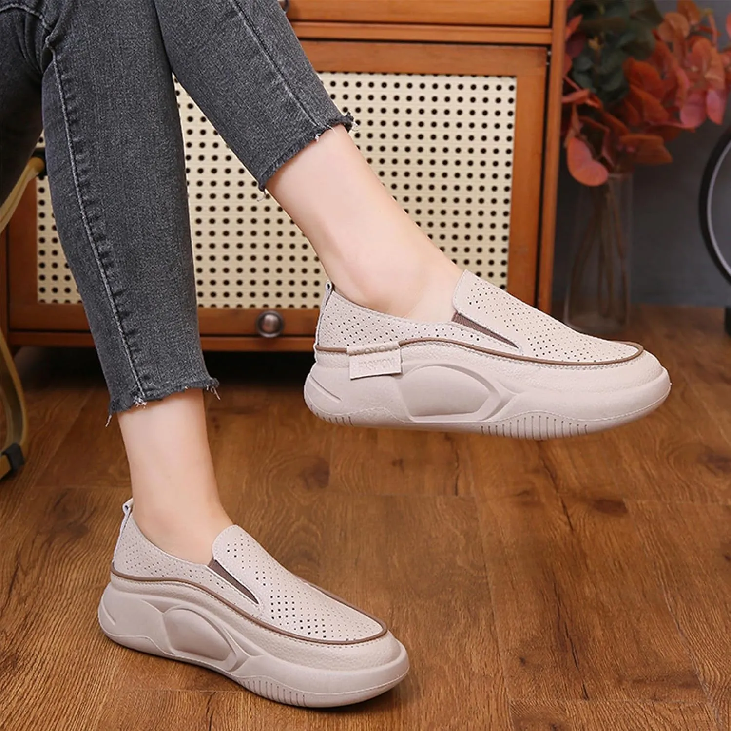 Women's Orthopedic Shoes,Soft-Soled Slip-On Mesh Loafers,Soft Comfortable Breathable Work Single Thick Soled Sandals Khaki, 35