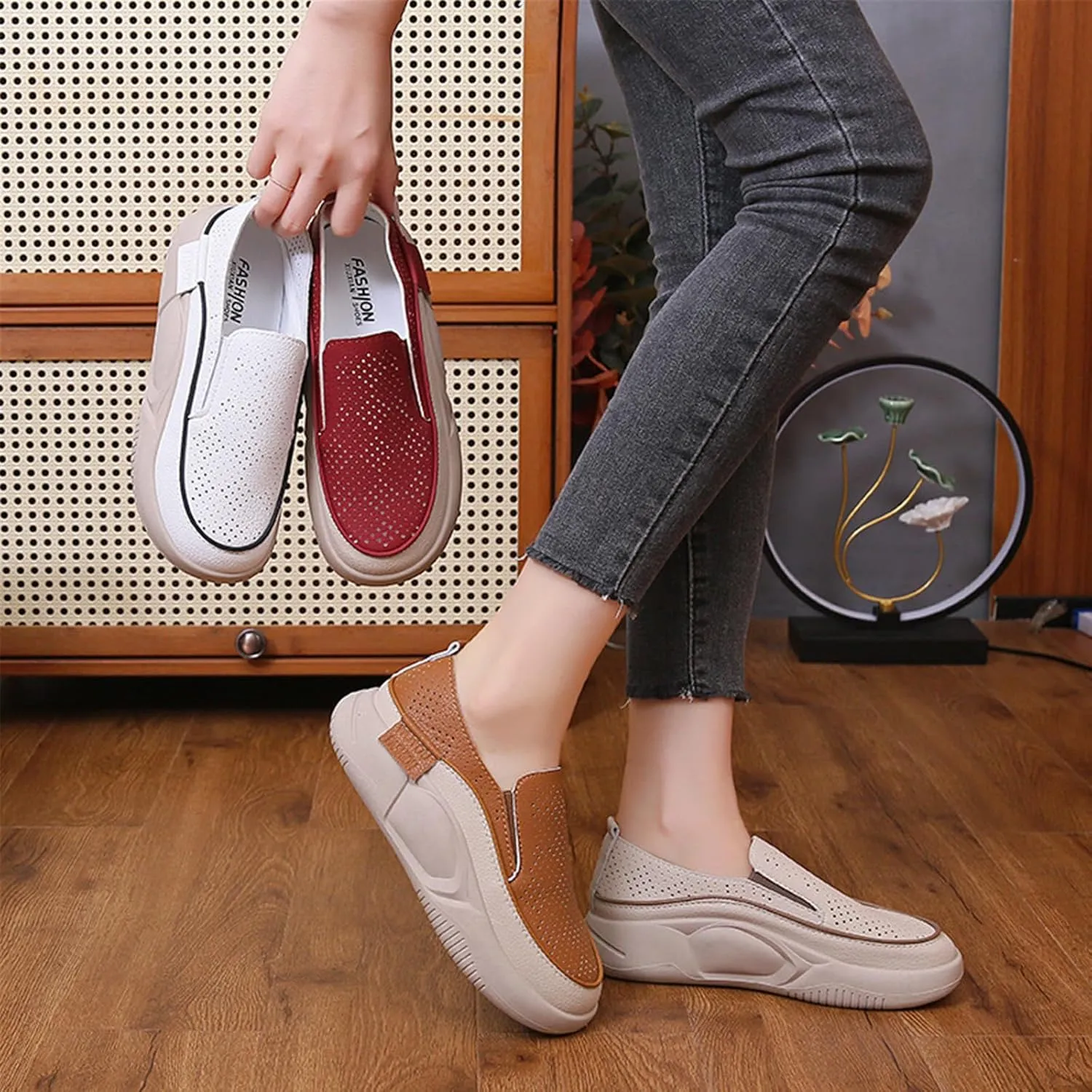 Women's Orthopedic Shoes,Soft-Soled Slip-On Mesh Loafers,Soft Comfortable Breathable Work Single Thick Soled Sandals Khaki, 35