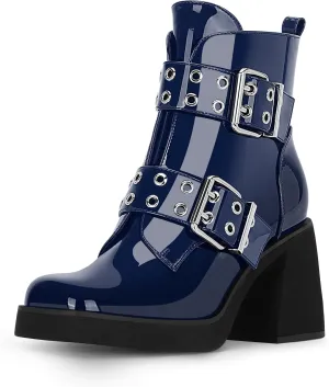 Women's Platform Chunky Heel Buckle Ankle Boots Patent Leather Side Zipper Booties