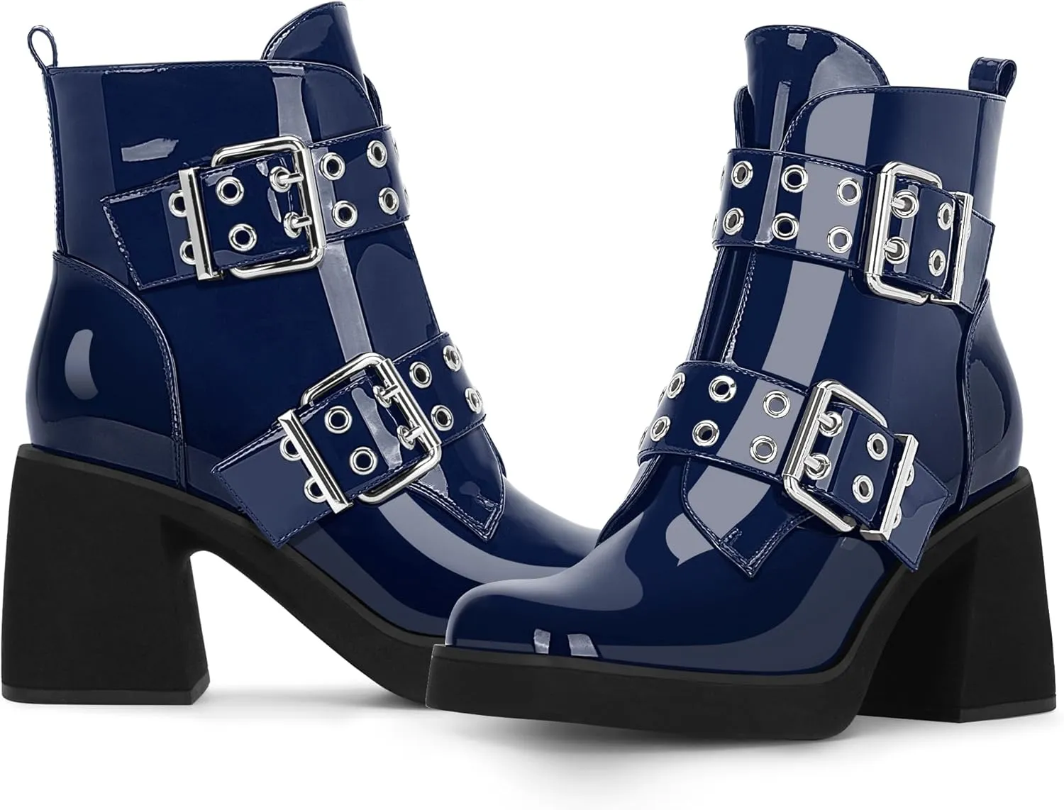 Women's Platform Chunky Heel Buckle Ankle Boots Patent Leather Side Zipper Booties