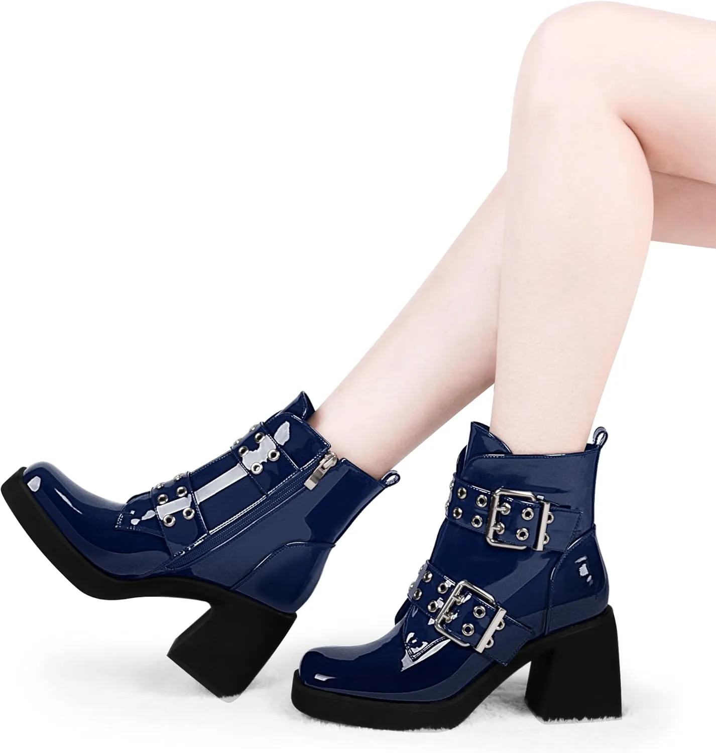 Women's Platform Chunky Heel Buckle Ankle Boots Patent Leather Side Zipper Booties