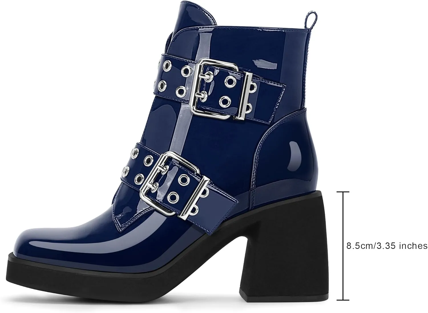 Women's Platform Chunky Heel Buckle Ankle Boots Patent Leather Side Zipper Booties