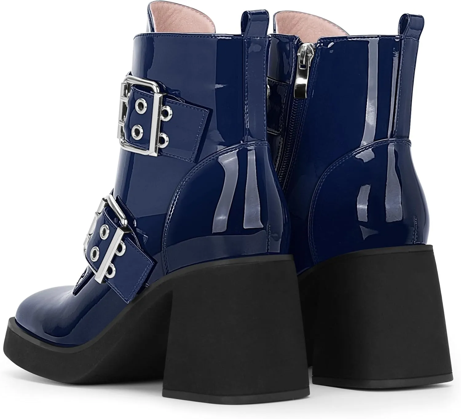 Women's Platform Chunky Heel Buckle Ankle Boots Patent Leather Side Zipper Booties