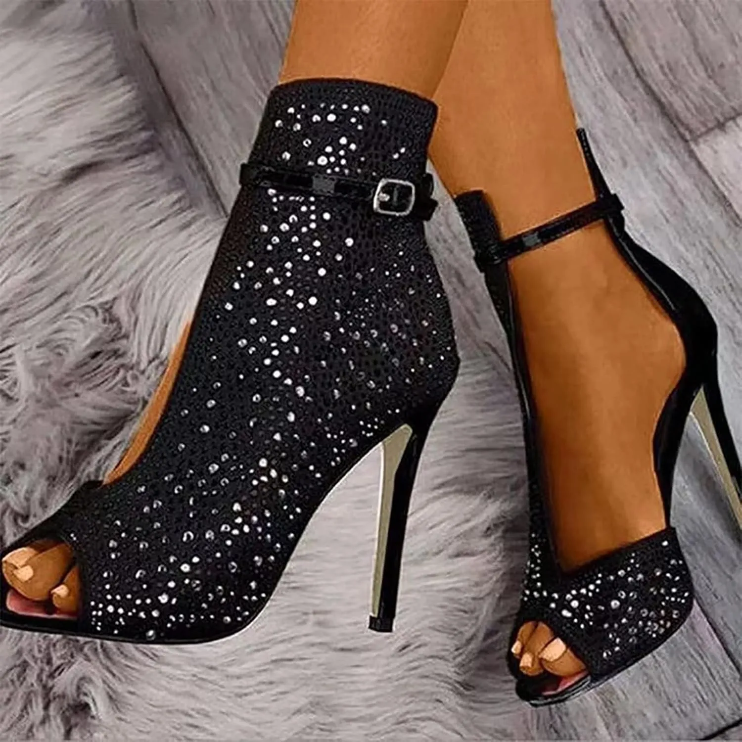 Women's Rhinestone High Heel Platform Sandals 2025 Summer Fashionable Open Toe Fish Mouth Side Hollow Out Trendy Casual Sandals Beach Bling Breathable Casual Travel Walking Party Boots