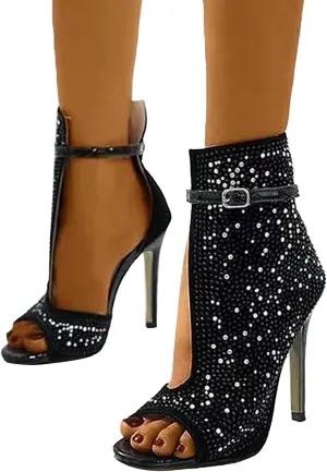 Women's Rhinestone High Heel Platform Sandals 2025 Summer Fashionable Open Toe Fish Mouth Side Hollow Out Trendy Casual Sandals Beach Bling Breathable Casual Travel Walking Party Boots