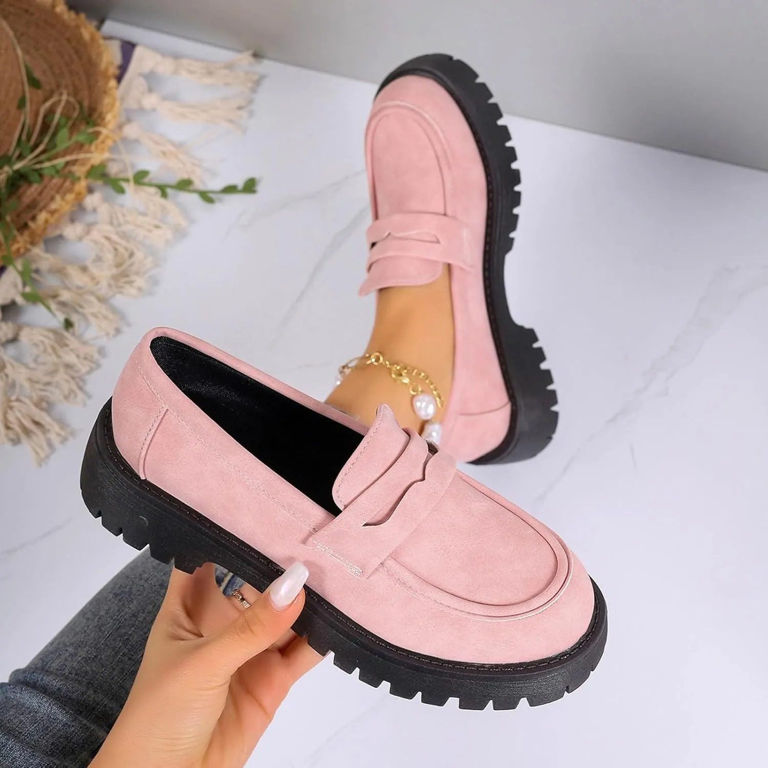 Womens Slip-On Shoes Platform Loafer Comfort Work Shoe Business Casual Shoes Leather Penny Loafers Chunky Loafers