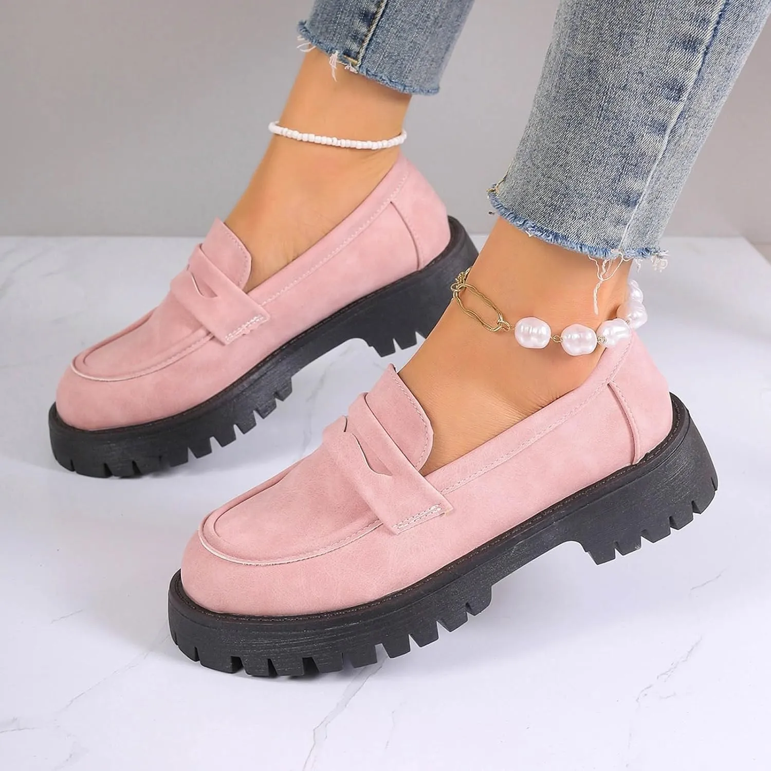 Womens Slip-On Shoes Platform Loafer Comfort Work Shoe Business Casual Shoes Leather Penny Loafers Chunky Loafers