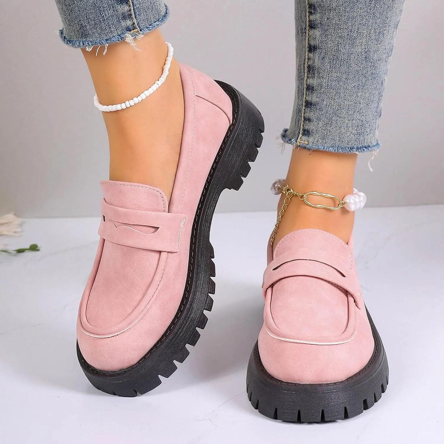 Womens Slip-On Shoes Platform Loafer Comfort Work Shoe Business Casual Shoes Leather Penny Loafers Chunky Loafers
