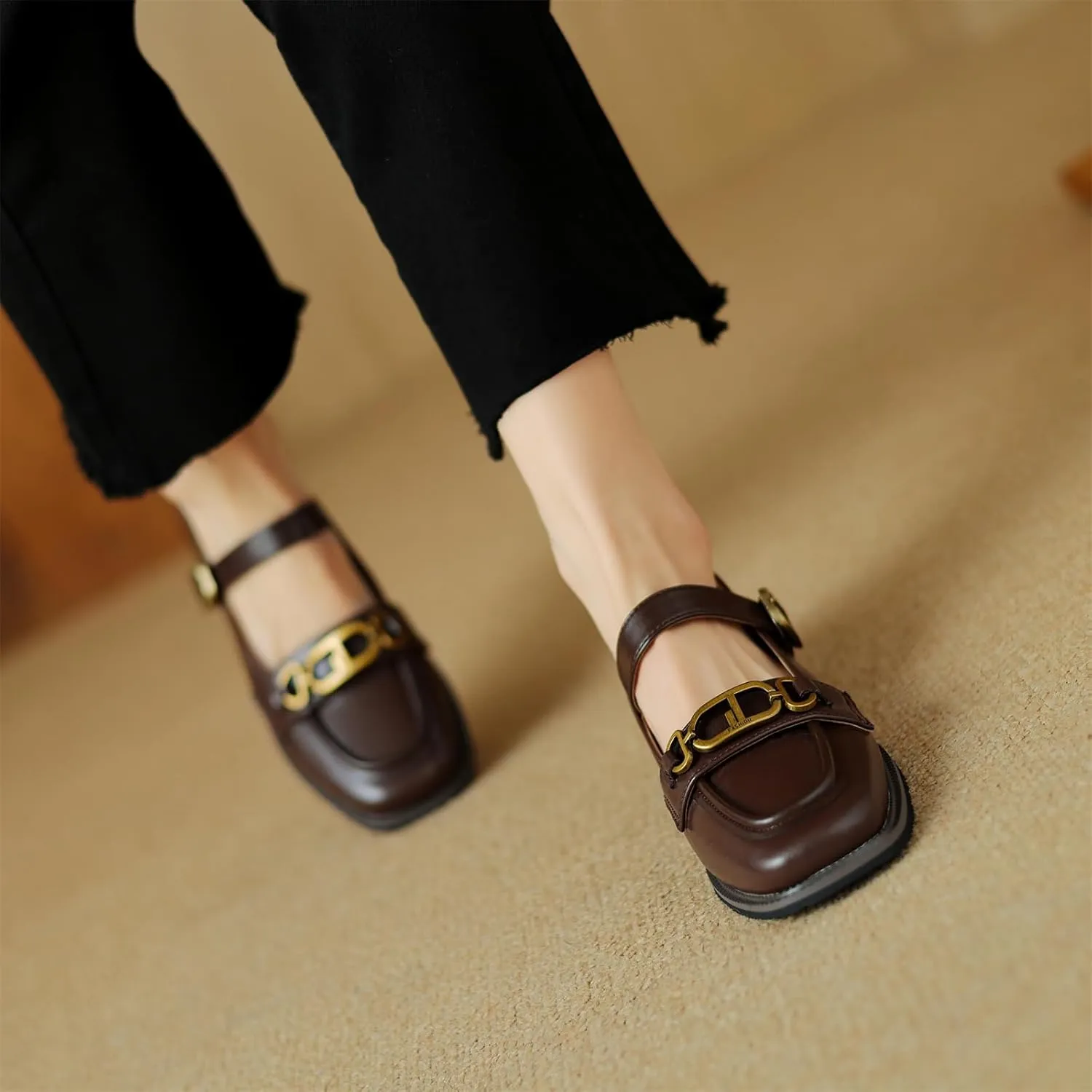 Women's Square Closed Toe Flats Loafers Adjustable Buckle Metal Chain Comfortable Chunky Low Heel Office Cosplay Student Work Casual Comfort Fashion Business Daily Wear Dress Shoes