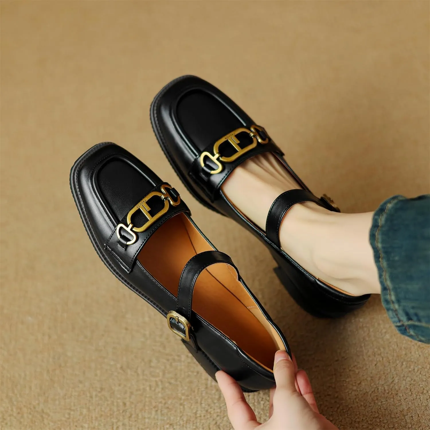 Women's Square Closed Toe Flats Loafers Adjustable Buckle Metal Chain Comfortable Chunky Low Heel Office Cosplay Student Work Casual Comfort Fashion Business Daily Wear Dress Shoes