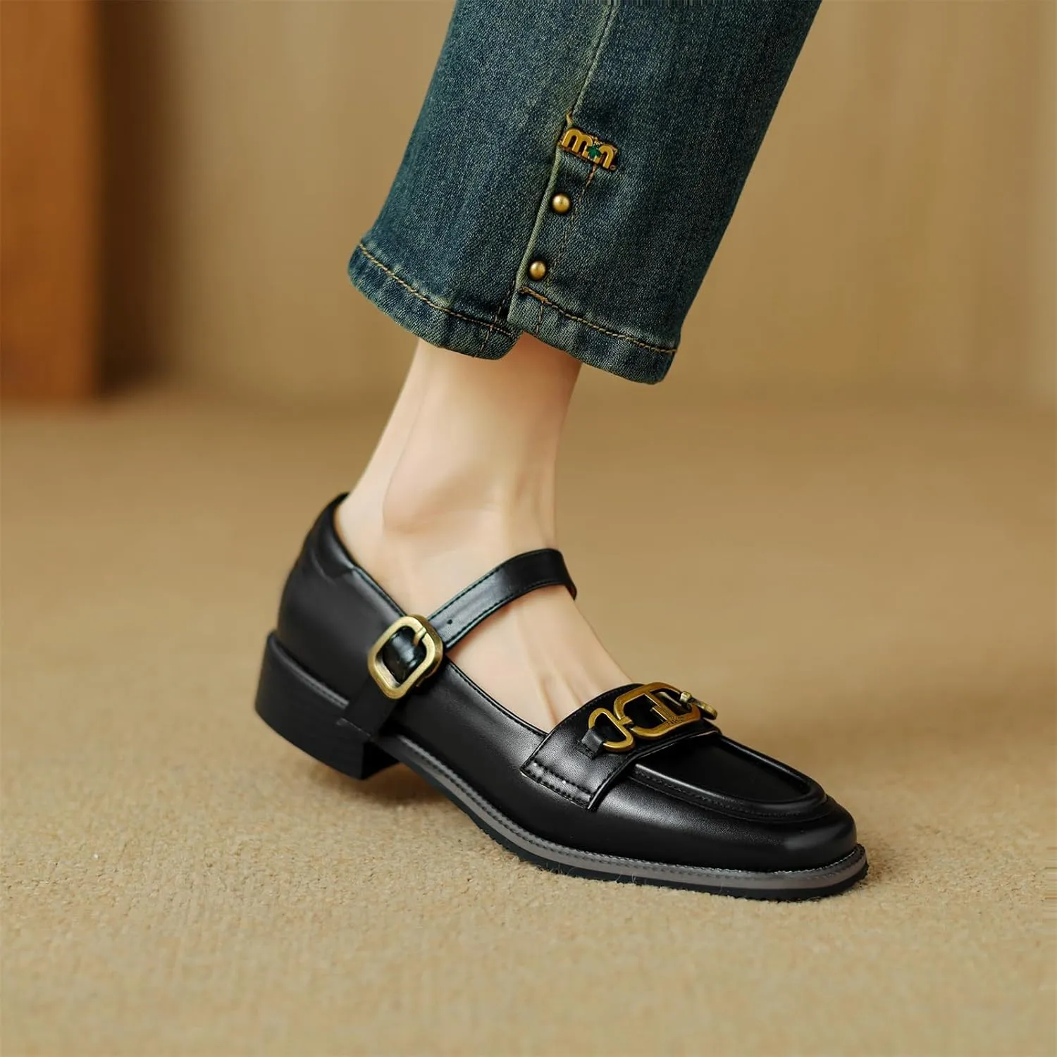Women's Square Closed Toe Flats Loafers Adjustable Buckle Metal Chain Comfortable Chunky Low Heel Office Cosplay Student Work Casual Comfort Fashion Business Daily Wear Dress Shoes