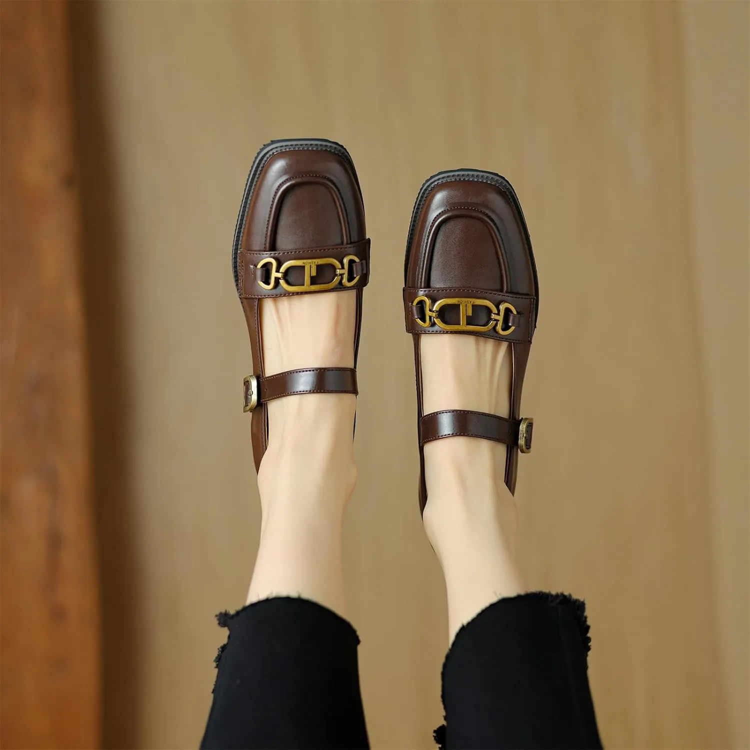 Women's Square Closed Toe Flats Loafers Adjustable Buckle Metal Chain Comfortable Chunky Low Heel Office Cosplay Student Work Casual Comfort Fashion Business Daily Wear Dress Shoes
