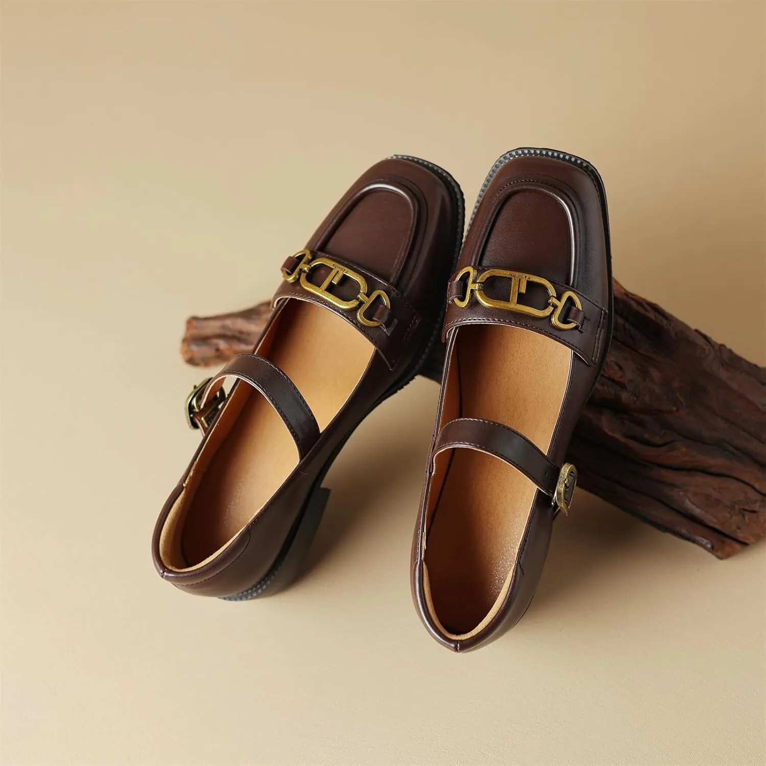 Women's Square Closed Toe Flats Loafers Adjustable Buckle Metal Chain Comfortable Chunky Low Heel Office Cosplay Student Work Casual Comfort Fashion Business Daily Wear Dress Shoes