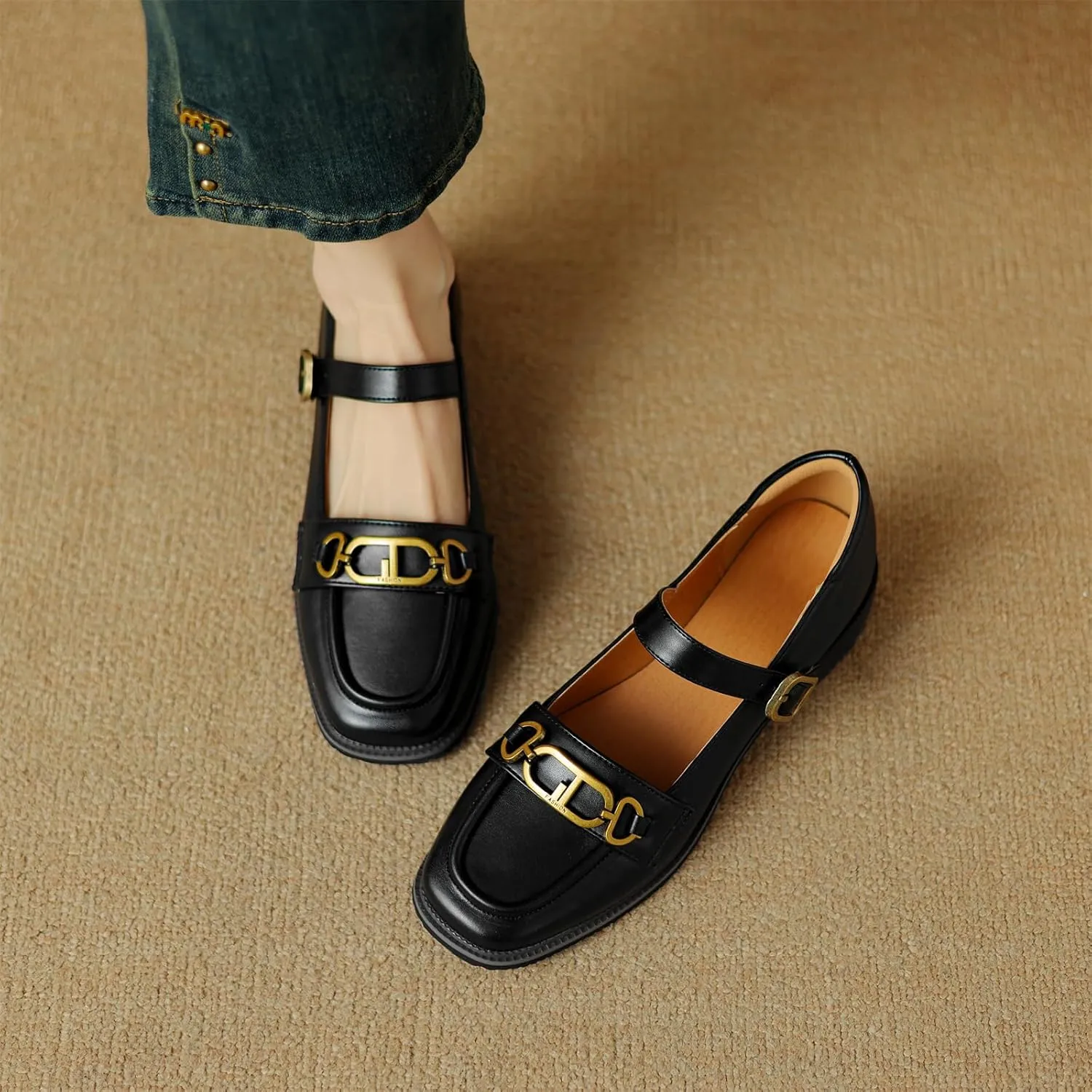 Women's Square Closed Toe Flats Loafers Adjustable Buckle Metal Chain Comfortable Chunky Low Heel Office Cosplay Student Work Casual Comfort Fashion Business Daily Wear Dress Shoes