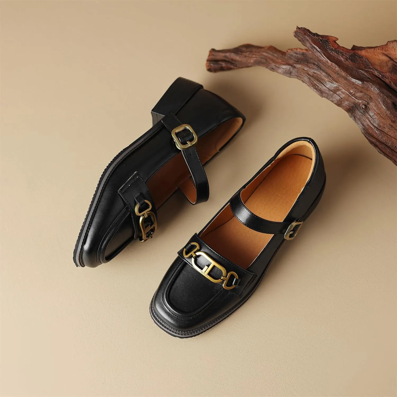 Women's Square Closed Toe Flats Loafers Adjustable Buckle Metal Chain Comfortable Chunky Low Heel Office Cosplay Student Work Casual Comfort Fashion Business Daily Wear Dress Shoes