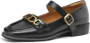 Women's Square Closed Toe Flats Loafers Adjustable Buckle Metal Chain Comfortable Chunky Low Heel Office Cosplay Student Work Casual Comfort Fashion Business Daily Wear Dress Shoes
