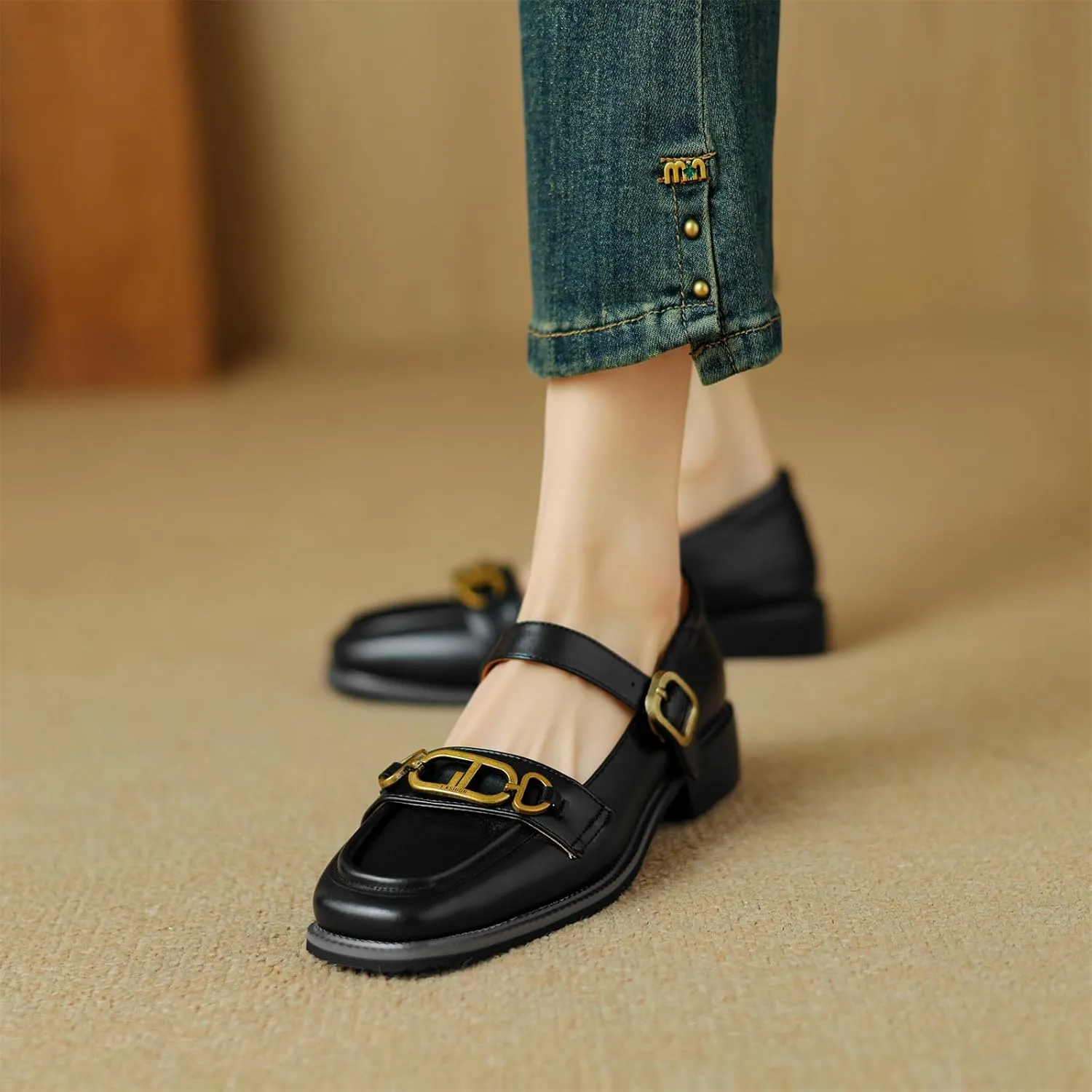 Women's Square Closed Toe Flats Loafers Adjustable Buckle Metal Chain Comfortable Chunky Low Heel Office Cosplay Student Work Casual Comfort Fashion Business Daily Wear Dress Shoes