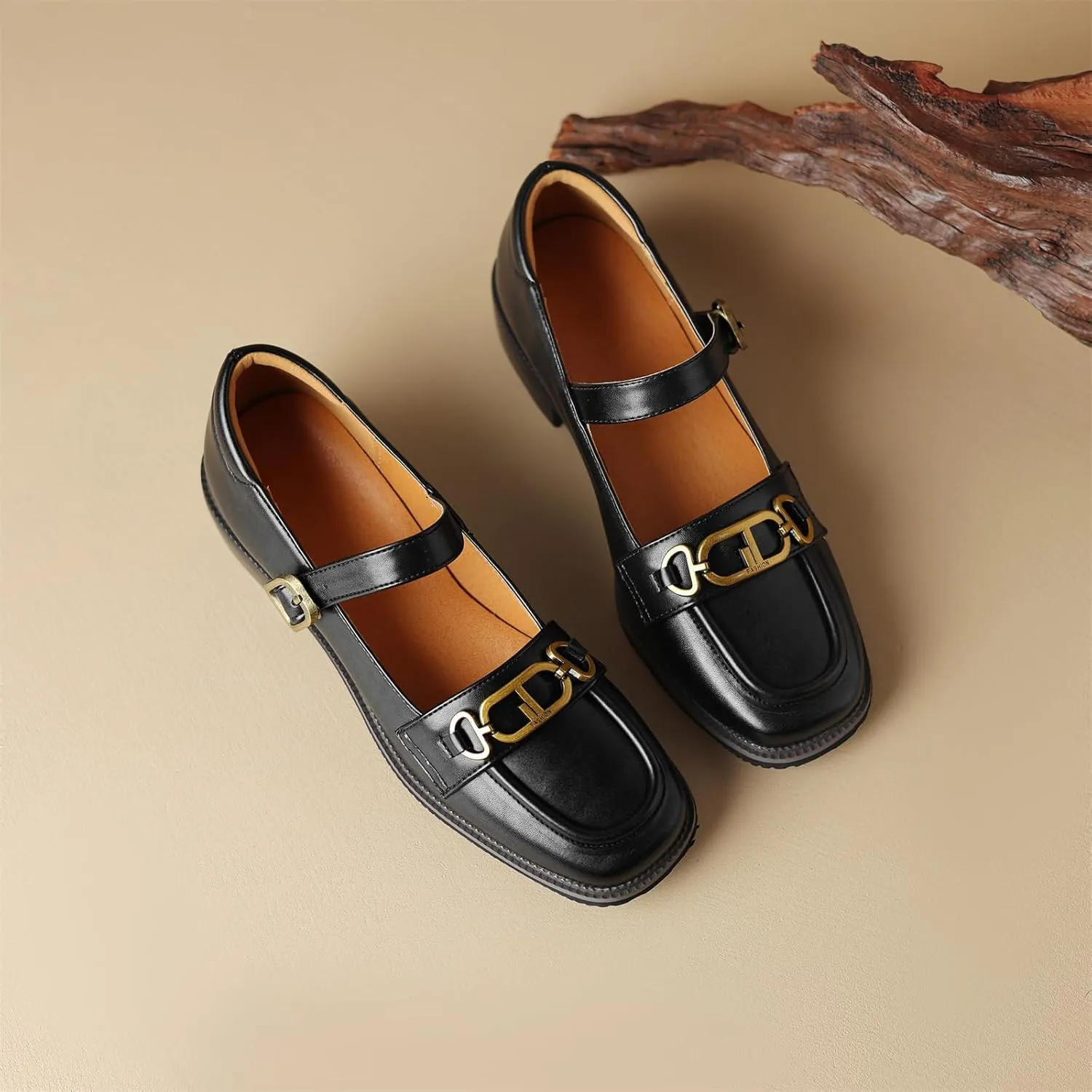 Women's Square Closed Toe Flats Loafers Adjustable Buckle Metal Chain Comfortable Chunky Low Heel Office Cosplay Student Work Casual Comfort Fashion Business Daily Wear Dress Shoes