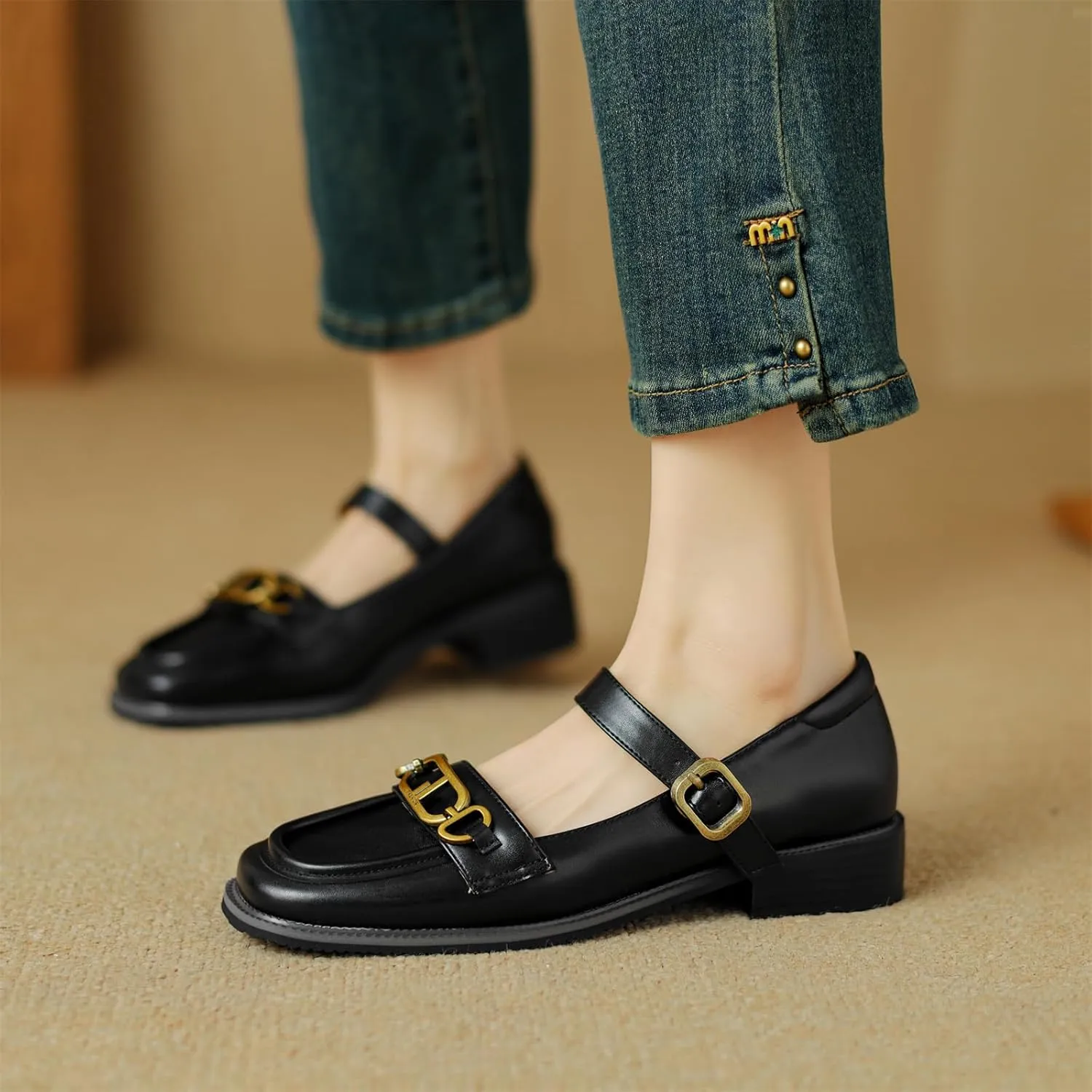 Women's Square Closed Toe Flats Loafers Adjustable Buckle Metal Chain Comfortable Chunky Low Heel Office Cosplay Student Work Casual Comfort Fashion Business Daily Wear Dress Shoes
