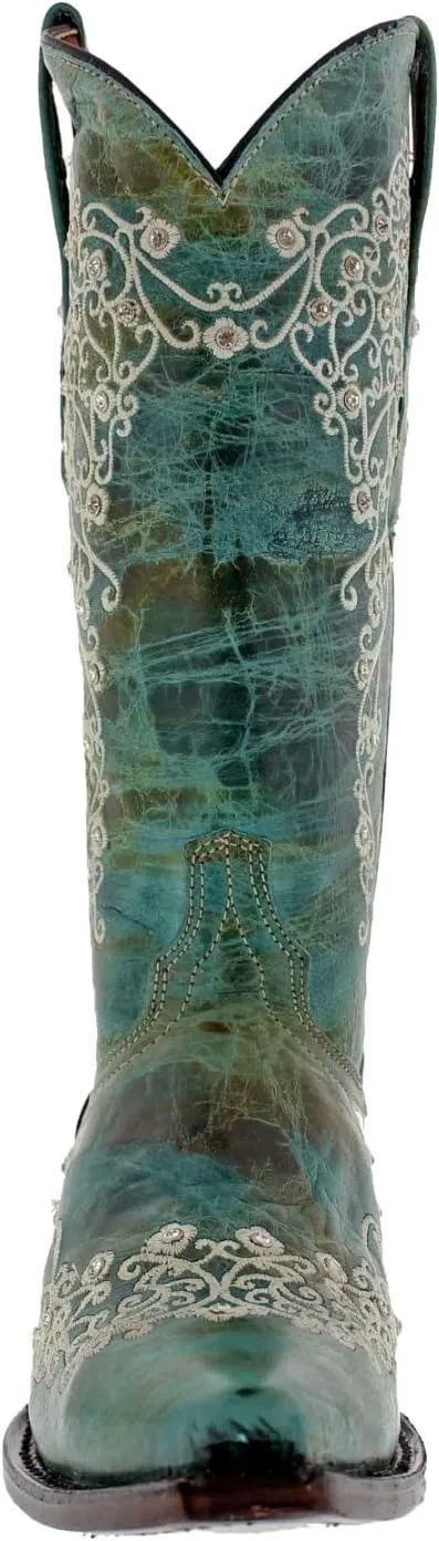 Womens Stella Brown Western Cowboy Boots Floral Embroidered Snip Toe