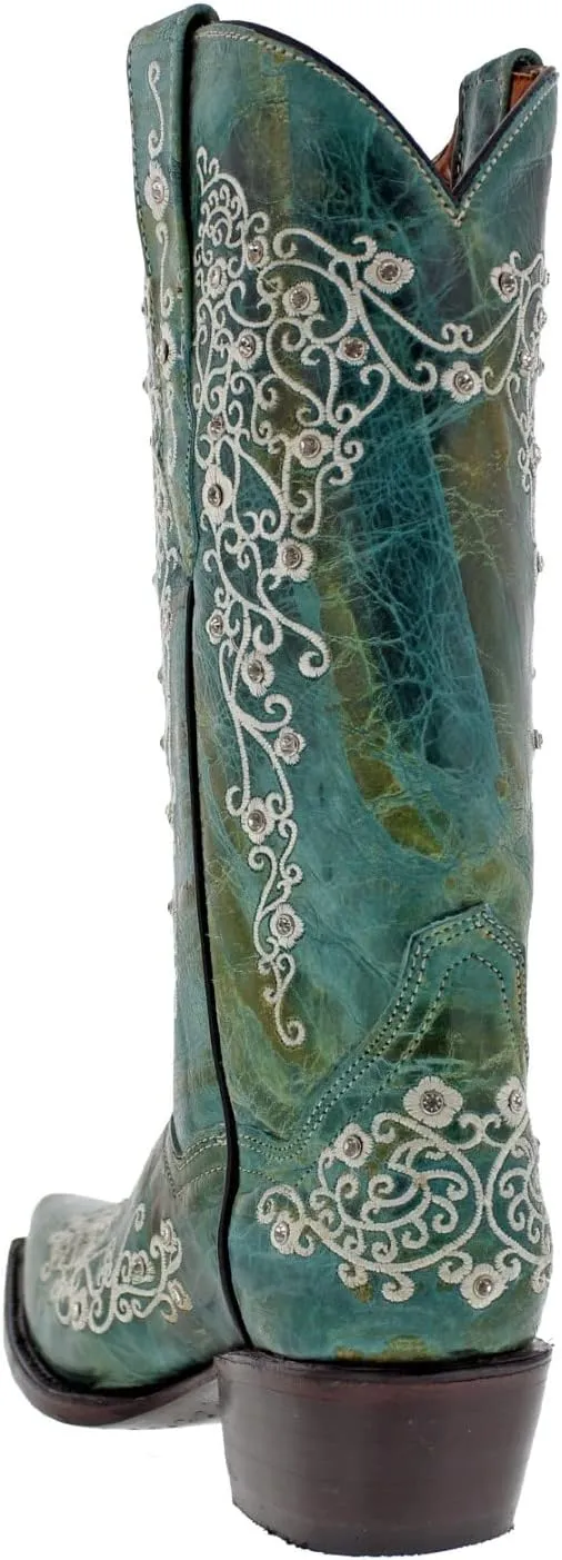 Womens Stella Brown Western Cowboy Boots Floral Embroidered Snip Toe