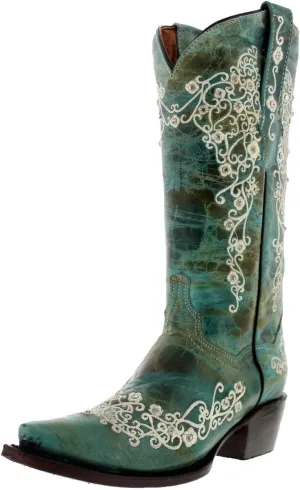 Womens Stella Brown Western Cowboy Boots Floral Embroidered Snip Toe