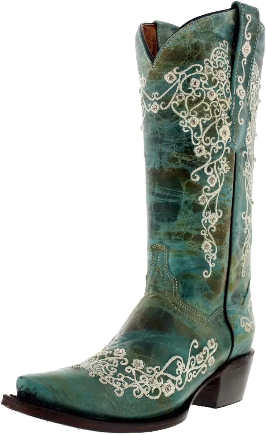 Womens Stella Brown Western Cowboy Boots Floral Embroidered Snip Toe