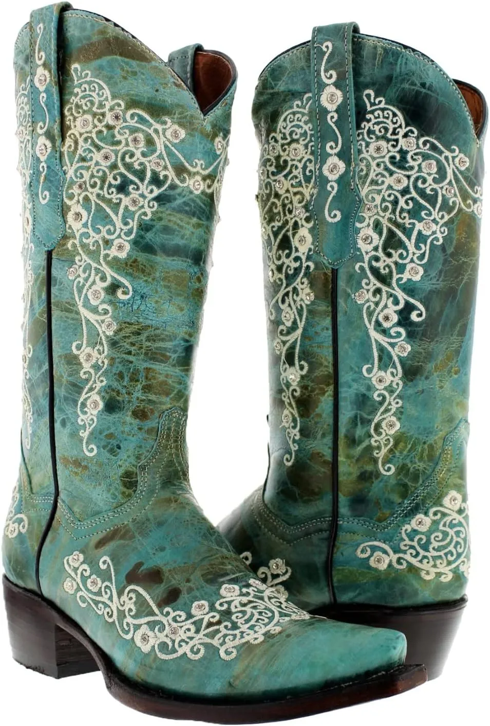 Womens Stella Brown Western Cowboy Boots Floral Embroidered Snip Toe
